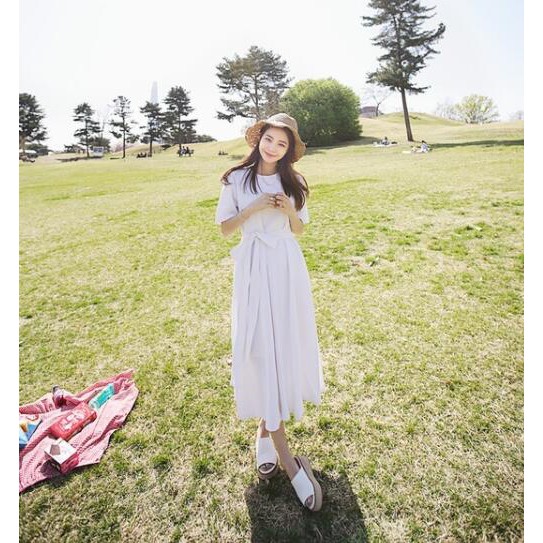 33555   Simple solid round neck short sleeves midi dress