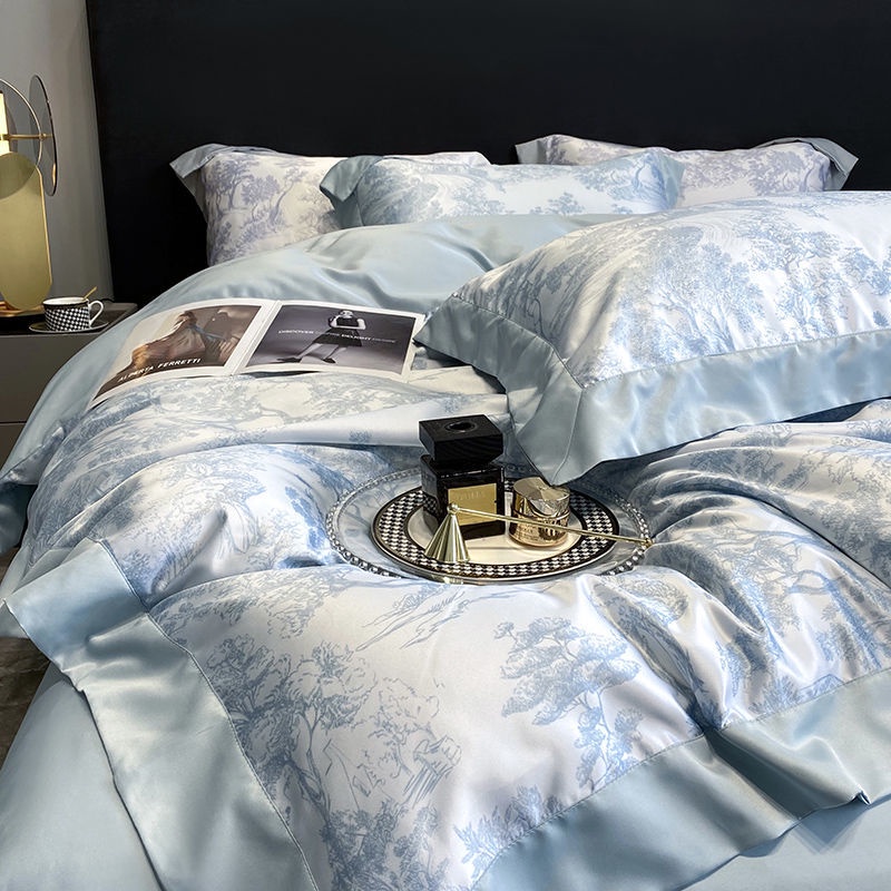 Nordic Style Double-Sided Cool Feeling Ice Silk Four-Piece Set Bare Sleeping Spring Summer Bed Sheets Quilt Cover Bedding Light Luxury Thin