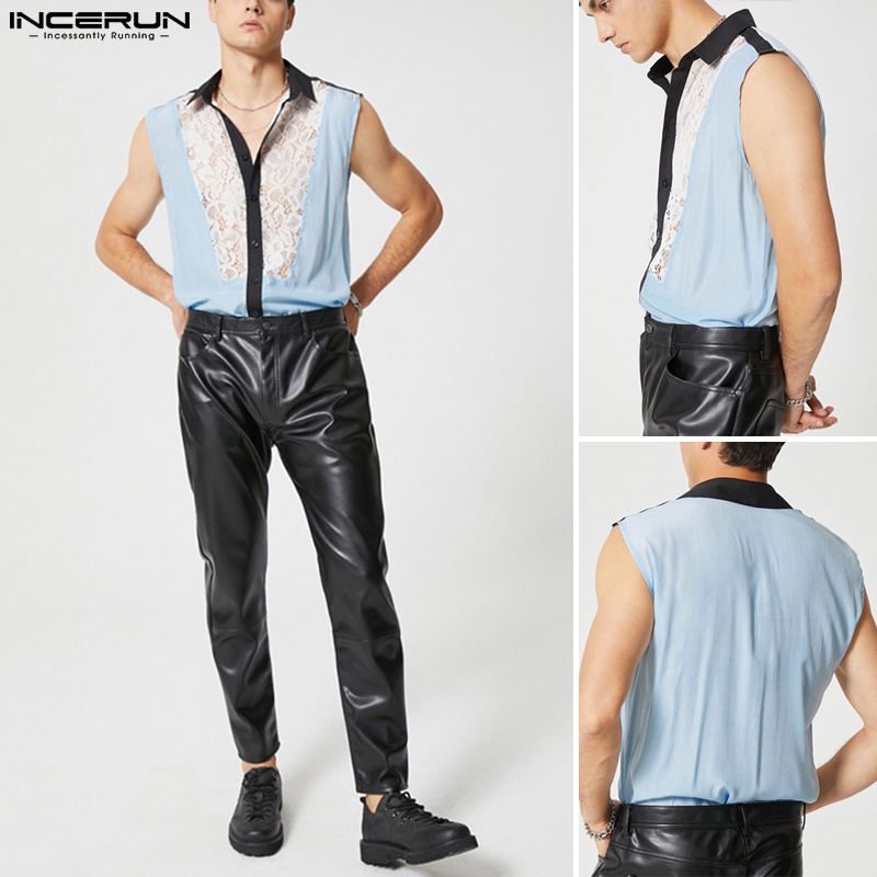 Incerun Áo Sơ Mi Lưới Cá Không Tay Cài Nút Phong Cách Retro Dân Gian Cho Nam