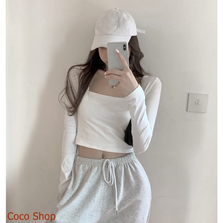 Áo croptop tay dài cổ vuông Coco Shop, Áo croptop nữ kiểu ôm body gợi cảm