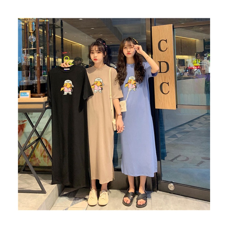 Đầm Suông Váy Suông Form Rộng In Hình Pikachuuuu Chất Chơi Dáng Dài Tay Ngắn Tà Xẻ Tinh Tế TTDS0337