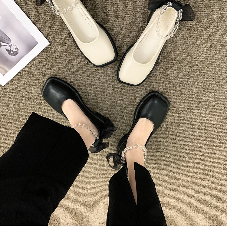 Giày Búp Bê Da Mũi Vuông Đính Nơ Thời Trang Cho Nữ
