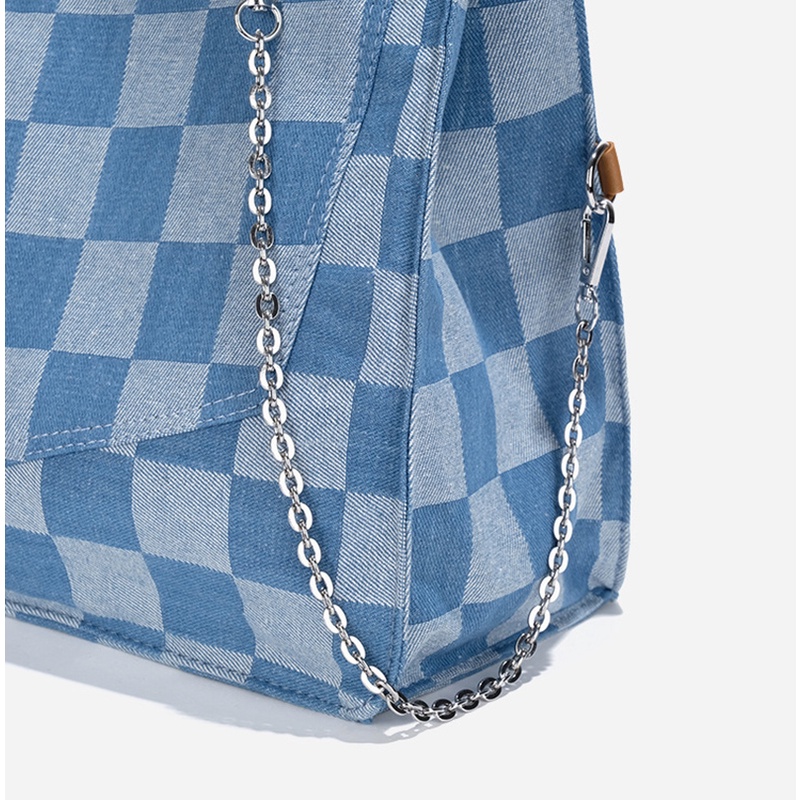 Túi xách đeo vai IELGY sức chứa lớn vải canvas họa tiết ca rô màu xanh dương