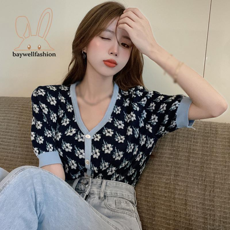 Áo Cardigan Ngắn Tay Cổ Chữ V Họa Tiết Hoa Thời Trang Dành Cho Nữ