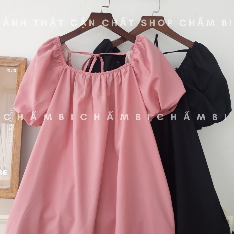 Váy kiểu Hàn Quốc V.083, Váy babydoll dáng ngắn cổ vuông tay bồng buộc nơ lưng hai màu đen hồng | BigBuy360 - bigbuy360.vn