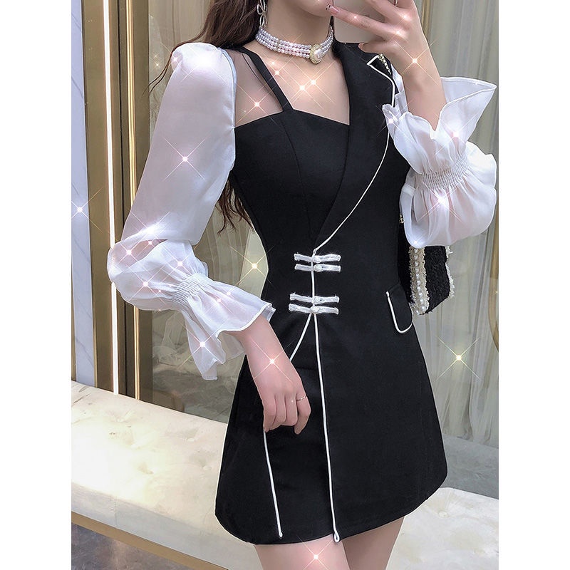 Plus Đầm Lưới Tay Dài Phối Nút Phong Cách Retro Cho Nữ