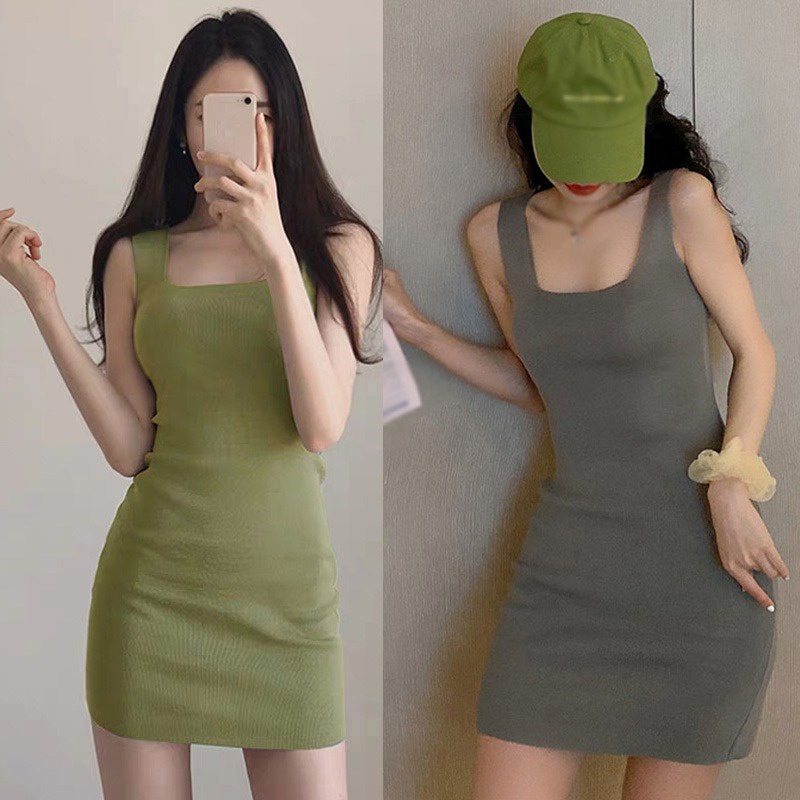 Đầm Sát Nách Cổ Vuông Màu Sắc Thanh Lịch Cho Nữ