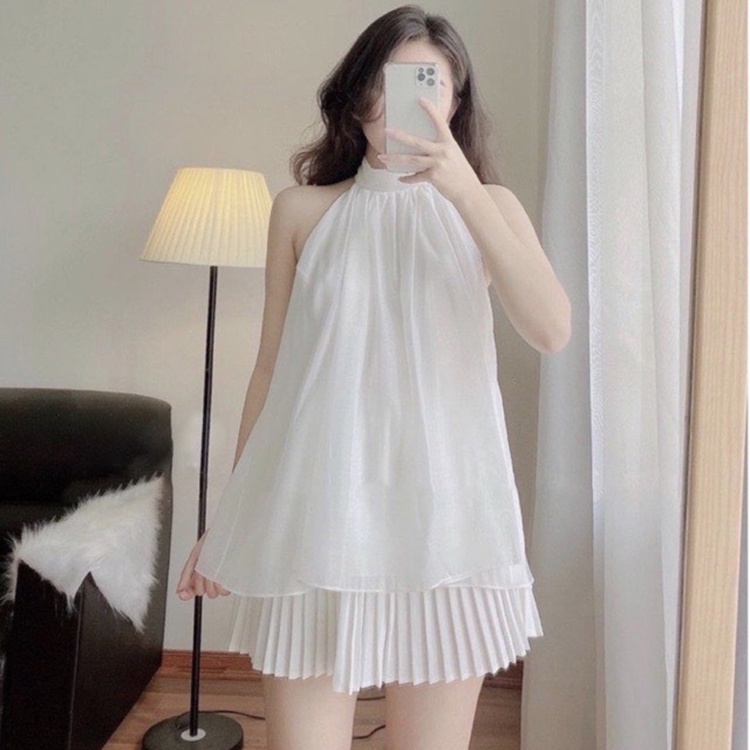 Áo kiểu nữ cổ yếm 2 lớp áo hở vai trắng phối dây bản to sang chảnh