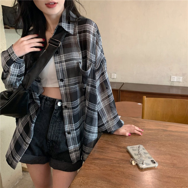 Áo sơ mi chiffon SUXI tay dài họa tiết sọc caro thời trang mùa hè cho nữ