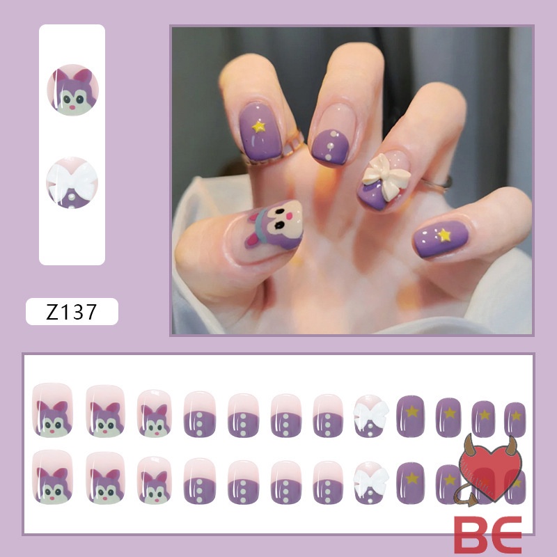 YADORNOS Set 24 móng tay giả màu tím họa tiết thỏ nơ hoạt hình xinh xắn dành cho phái đẹp