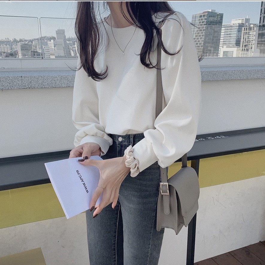 Áo sơ mi nữ cổ tròn dài tay màu trơn đơn giản 38654