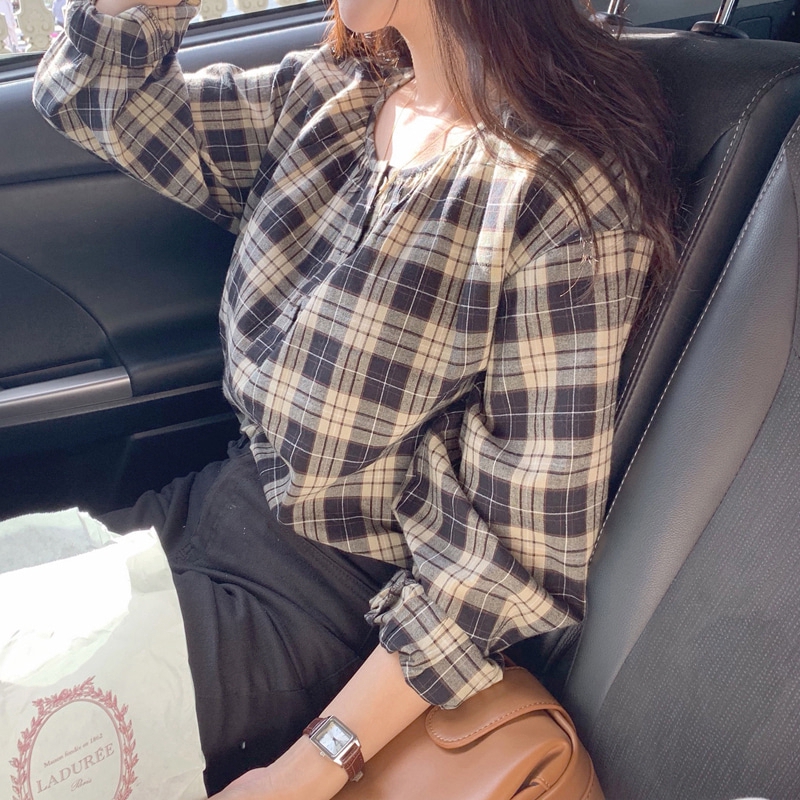 SUXI Áo Sơ Mi Caro Tay Dài Phong Cách Hàn Quốc