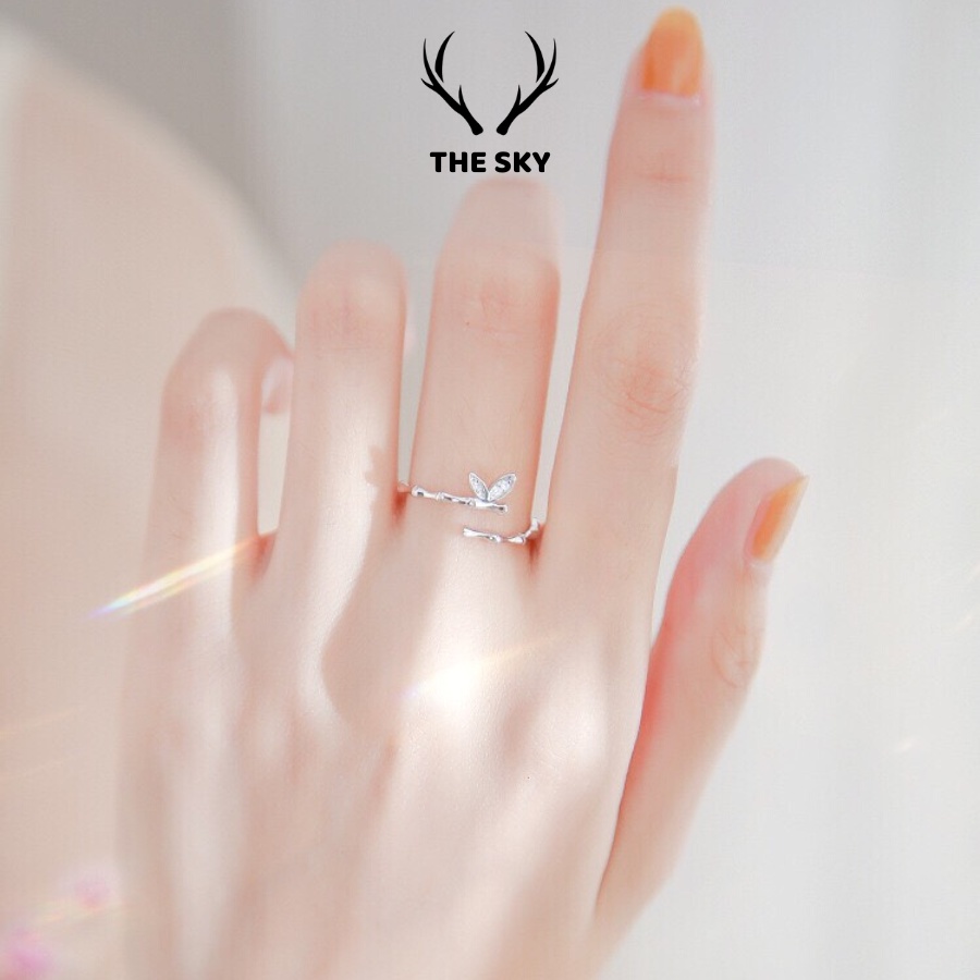 Nhẫn Bạc Nữ THE SKY NB08 Thiết Kế Mẫu Cành Trúc Kèm Mặt Bướm