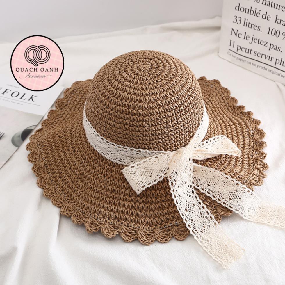 Mũ cói mềm, nón cói đi biển nhỏ mẹ và bé vành rộng phối nơ ren phong cách vintage chống nắng – MU39 Đẹp *