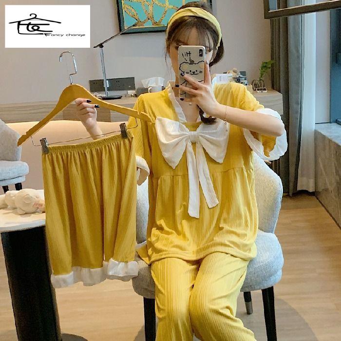 Bộ Đồ Ngủ Pijama Ba Món Dáng Rộng Phong Cách Công Chúa Hàn Quốc Thời Trang Xuân Hè Ngọt Ngào Cho Nữ