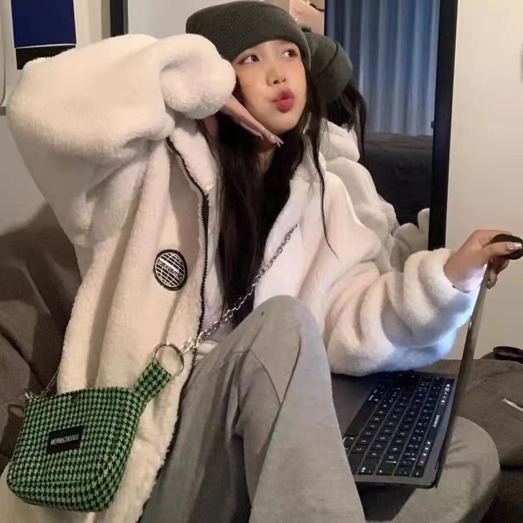 Áo khoác lông cừu chữ lưng Dlmasx Unisex [FREESHIP] Hoodie zip form rộng tay phồng kiểu dáng cá tính hàn quốc peonyb