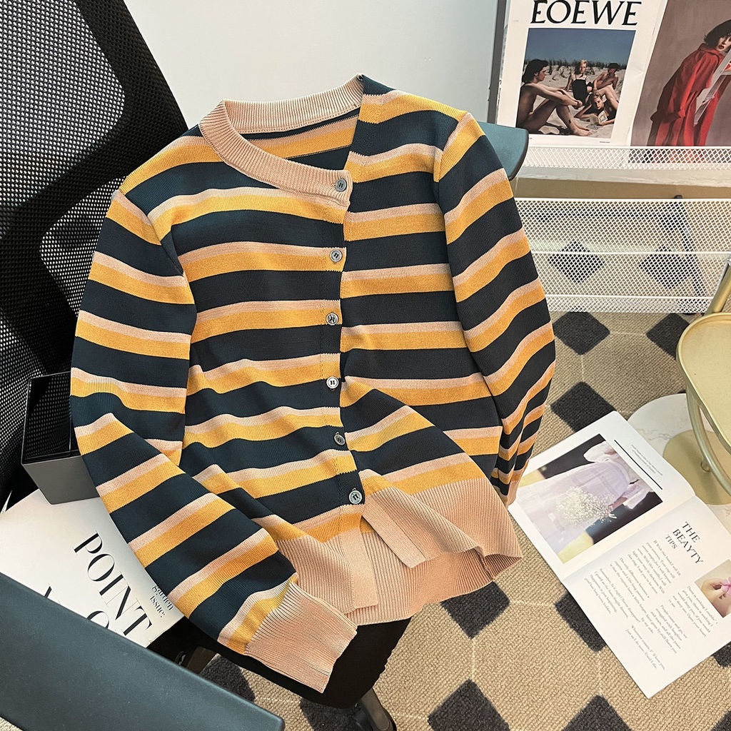 Áo Khoác Cardigan Dệt Kim Kẻ Sọc Màu Sắc Tương Phản Thời Trang Cho Nữ