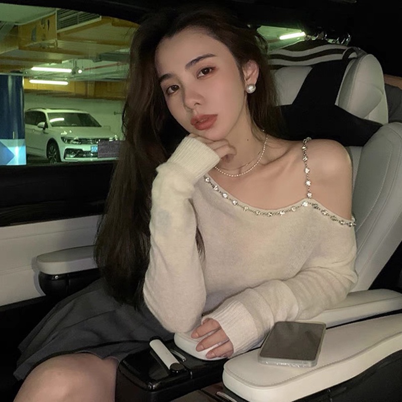 IELGY Áo sweater Tay Dài Hở Vai Màu Sắc Đơn Giản Dành Cho Nữ