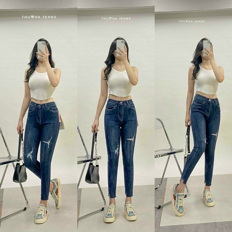 Quần Jean nữ dáng ôm cạp cao có rách đùi gấu cắt lệch màu thời trang mẫu mới nhất!
