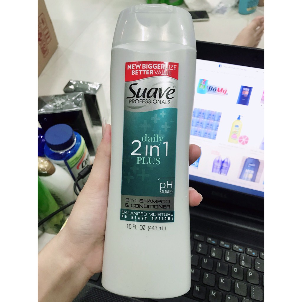 Dầu gội Suave Professionals Daily 2 in 1 Plus (Gội + xả) Balanced Moisture No Heavy Residue 443ml | BigBuy360 - bigbuy360.vn
