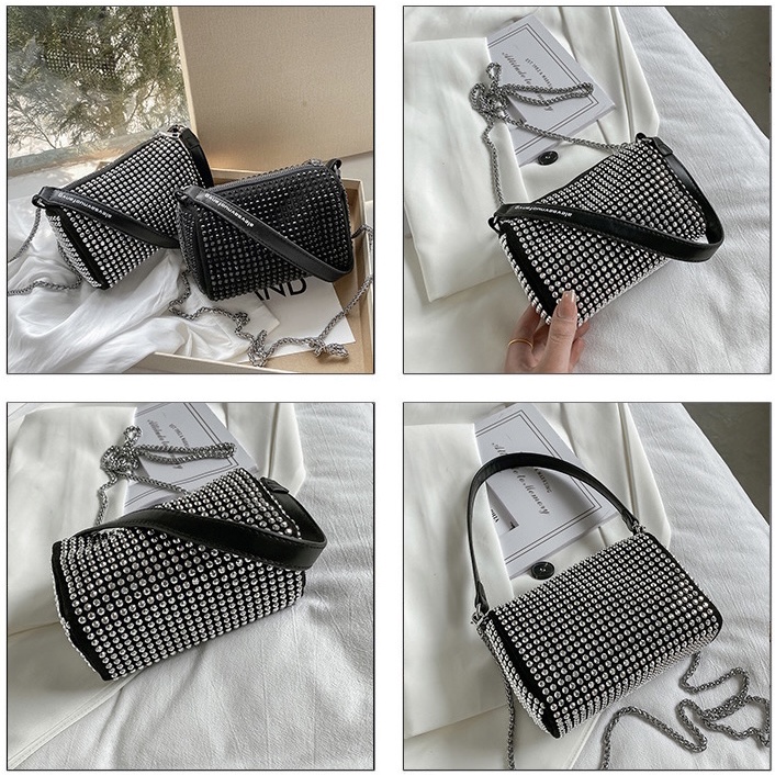 Túi đeo chéo dây xích, túi xách tay nữ mini dạng hộp vuông đính đá một ngăn kéo khóa