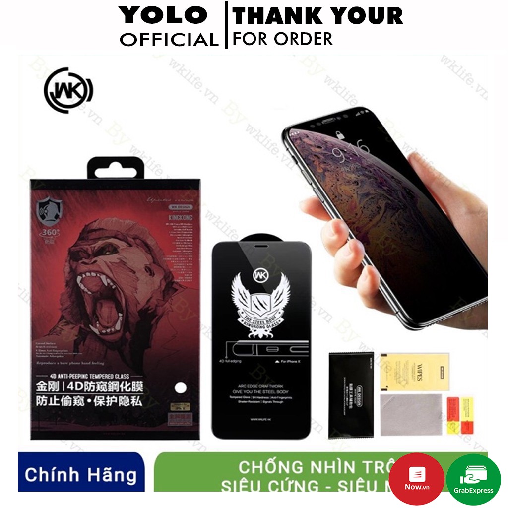 Kính Cường Lực Chống Nhìn Trộm Iphone 11 Promax 12 Promax 7 8Plus 6Plus X Xsmax WK 4D KinhKong Chính hãng [FULL HỘP 4D]