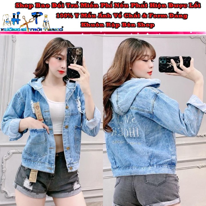 Áo Khoác Jeans Nữ có Nón Mũ Coton Cao Cấp  Phối Túi To Cào Rách Thêu Chữ Mẫu Mới-Hàng Có Sẵn bán giá sỉ