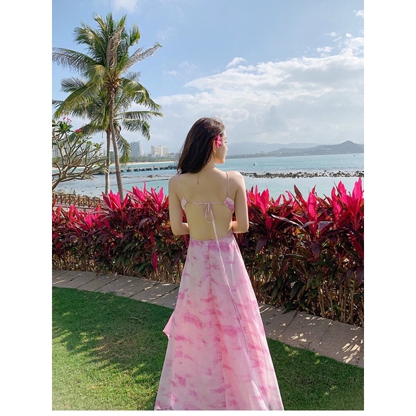 /order taobao/ Đầm Maxi 2 dây Đan Lưng Hồng Yêu Yêu