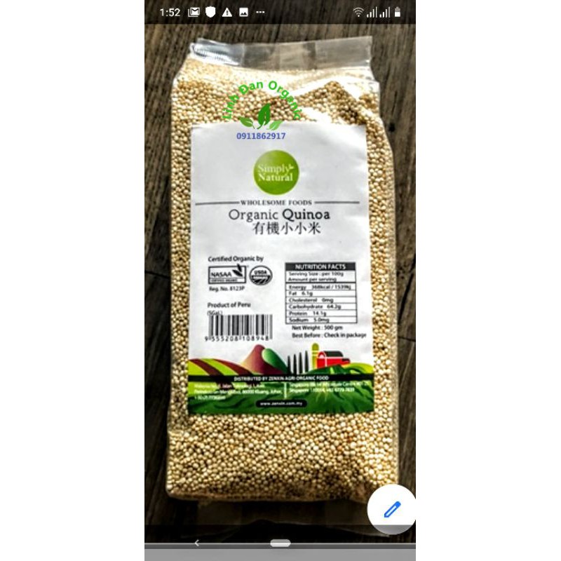 Hạt Diêm Mạch Trắng Quinoa Simply Nature 500gr