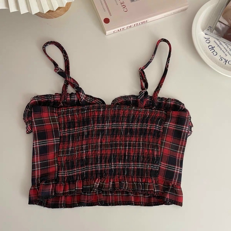 Áo 2 dây hoạ tiết kẻ caro phong cách Retro dễ thương hàng QC