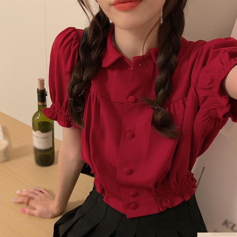 Áo croptop tay phồng ngắn màu trơn phối nút thời trang cho nữ