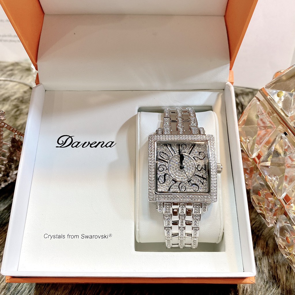 Đồng Hồ Davena Nữ Mặt Vuông Đính Đá Silver 37mm Chính Hãng