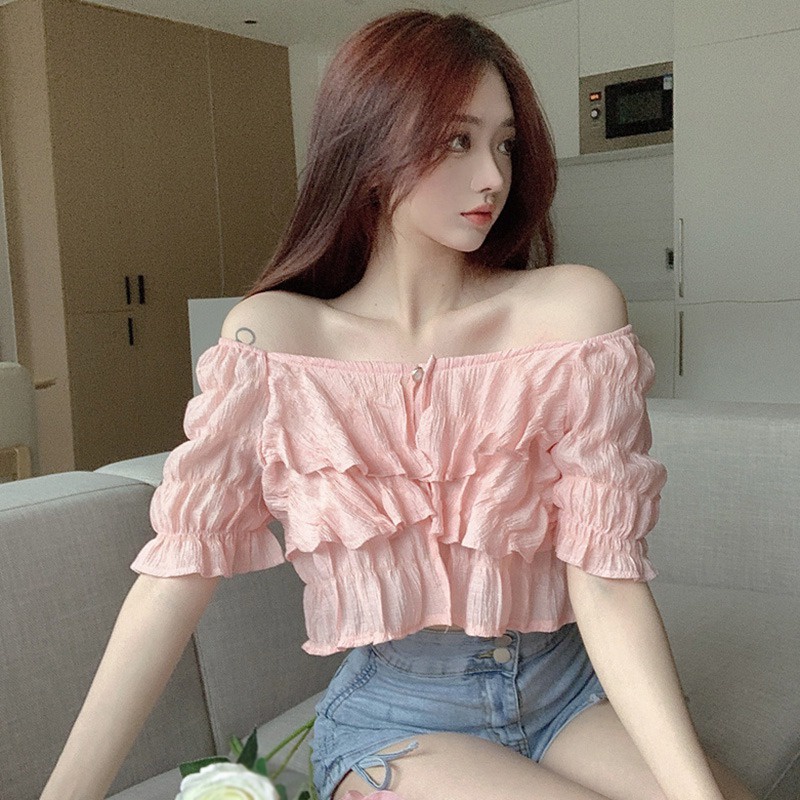 Áo Chiffon Tay Ngắn Hở Vai Một Hàng Nút Màu Sắc Ngọt Ngào Cho Nữ