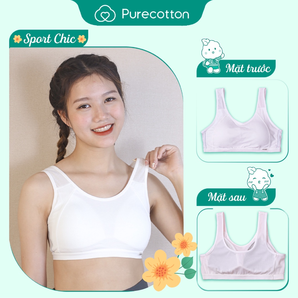 Áo lót học sinh Sporty Chic Purecotton lưng lưới thoáng khí cho bé gái mới lớn kiểu dáng chui đầu có đệm mỏng PC064