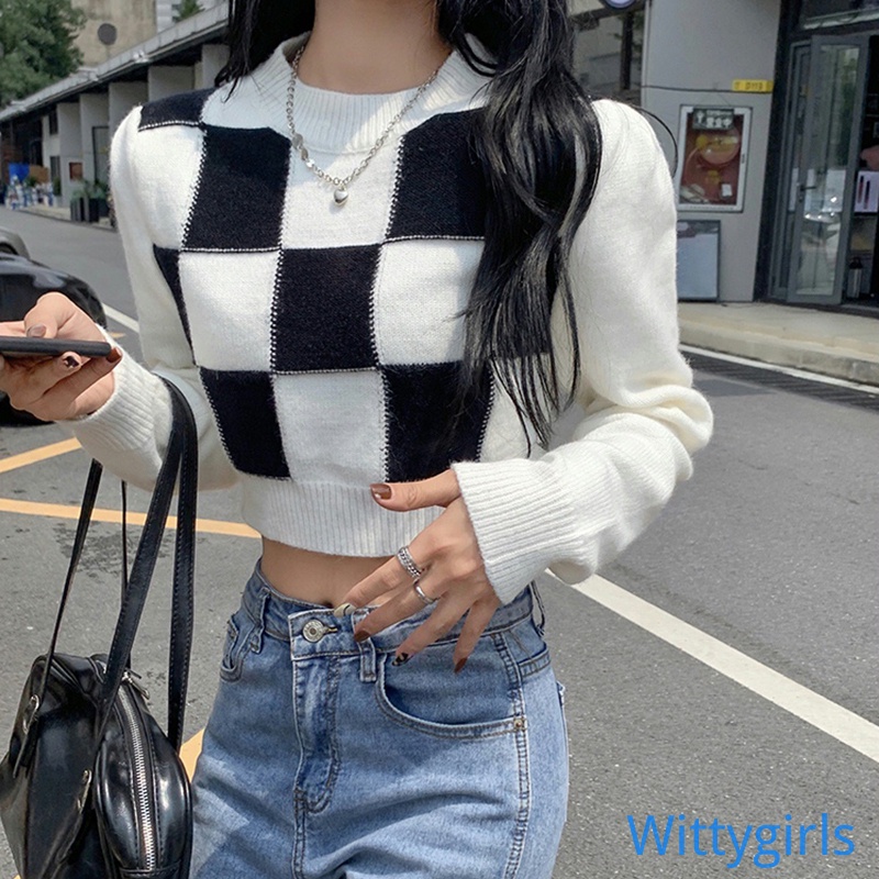 Wittygirls_shop| Áo Croptop tay dài hoạ tiết kẻ sọc màu sắc thiết kế cổ tròn thanh lịch