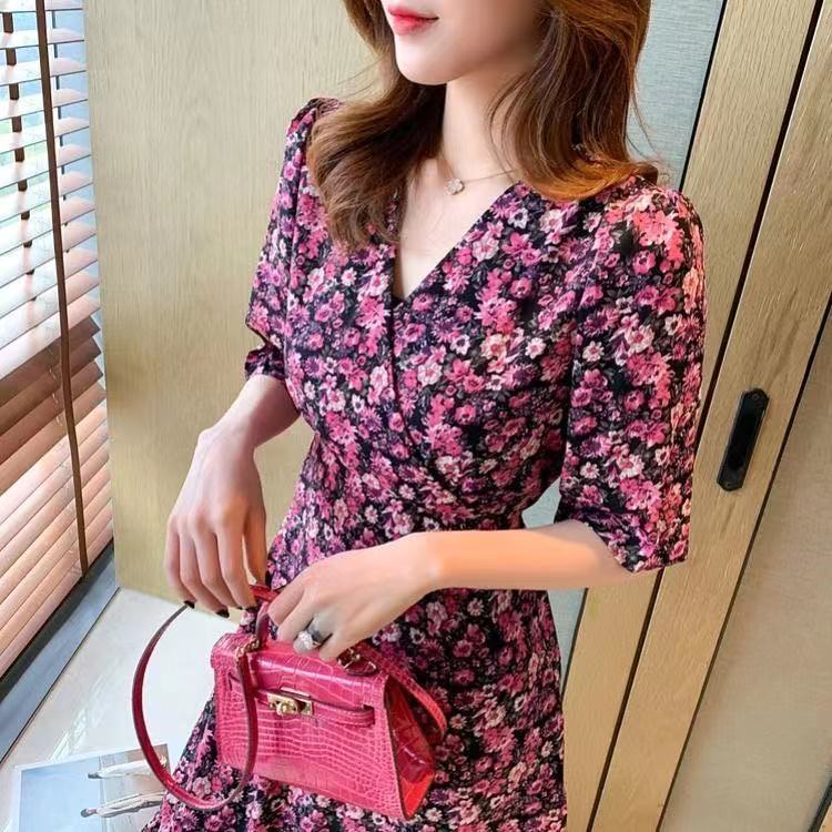 Đầm voan BH hoa ngắn tay cổ chữ V xinh xắn cổ điển dành cho nữ 2020