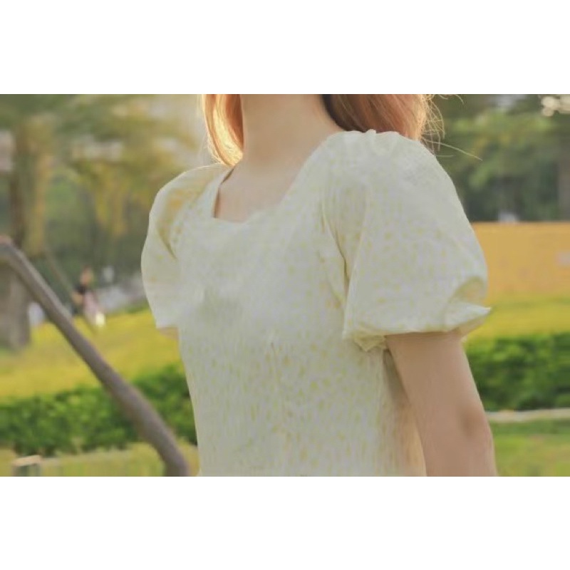 Váy hoa nhí tiểu thư ngắn tay bo chun nhẹ nhàng, 2 màu vàng, xanh, full size từ S-2XL, phong cách PHÁP