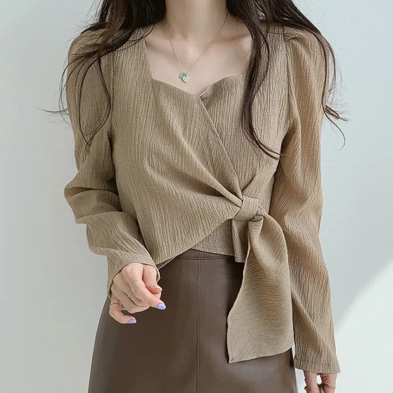 Áo Sơ Mi Nữ Dài Tay Cổ Vuông Thắt Dây Phong Cách Retro Mùa Thu Mới