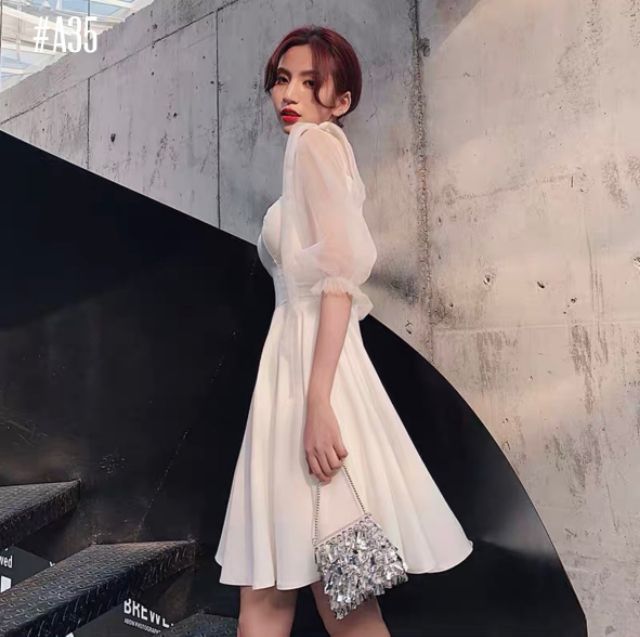 Đầm dự tiệc tay lưới cột nơ vai