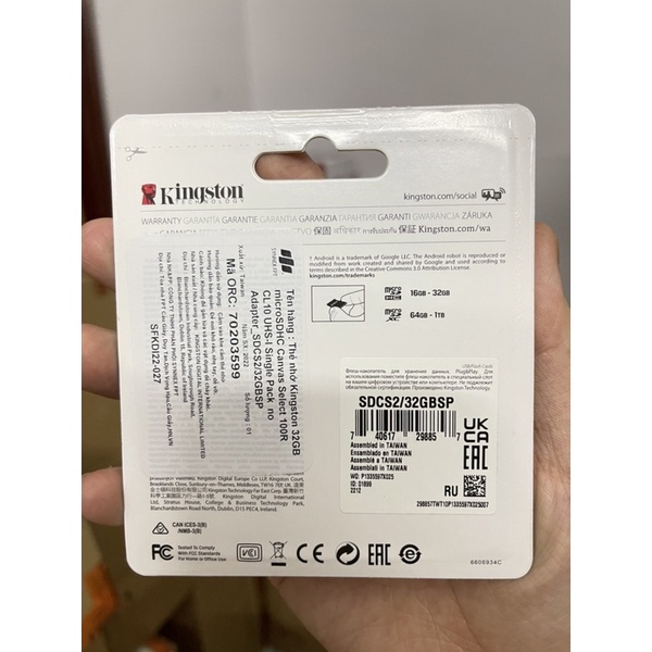 Thẻ nhớ chuyên dụng cho CAMERA WIFI, MicroSD Kingston 32GB Class 10 Chính hãng - Bảo hành 5 Năm