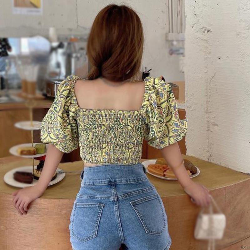 Áo kiểu croptop vải voan tay phồng cổ vuông in hoa xinh xắn cho nữ