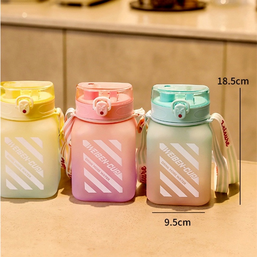 Bình Nước 1200Ml Hình Vuông Màu Gradient Kèm Ống Hút Và Dây Đeo Cho Thể Thao Ngoài Trời