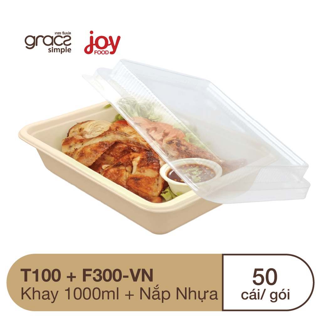 50 khay bã mía Thái Lan 1000ml, khay cơm dùng 1 lần phân hủy sinh học/ Kèm Nắp Nhựa