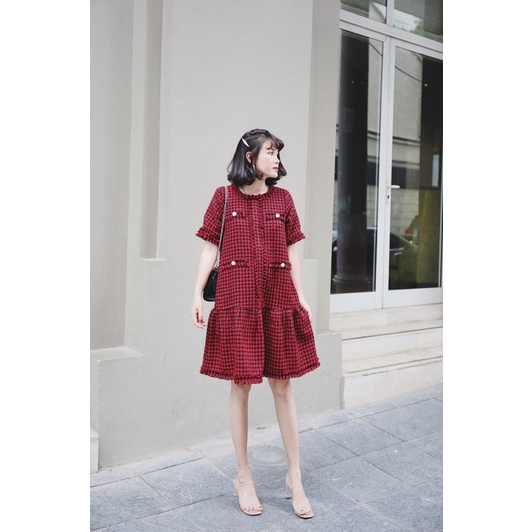 Đầm Dạ Tweed Đuôi Cá, Váy Dạ Tweed Hoạ Tiết Ziczac Vải Dạ Cao Cấp Có Ánh Nhũ Sang Trọng, Màu Đỏ Siêu Tôn Da
