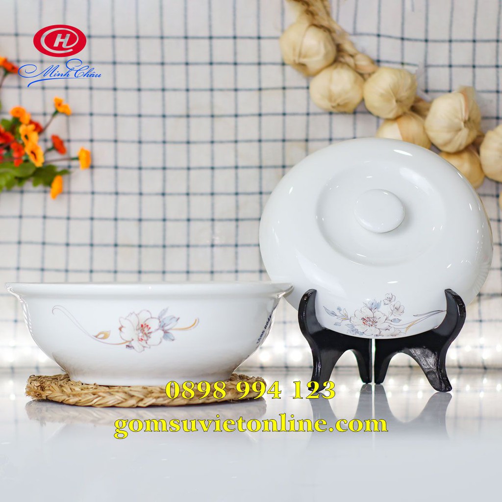 [1.0L] Thố Sứ Hoa Hồng Bạch Kim - Liễn Cơm Gia Đình, Sứ Cao Cấp Minh Châu Việt Nam