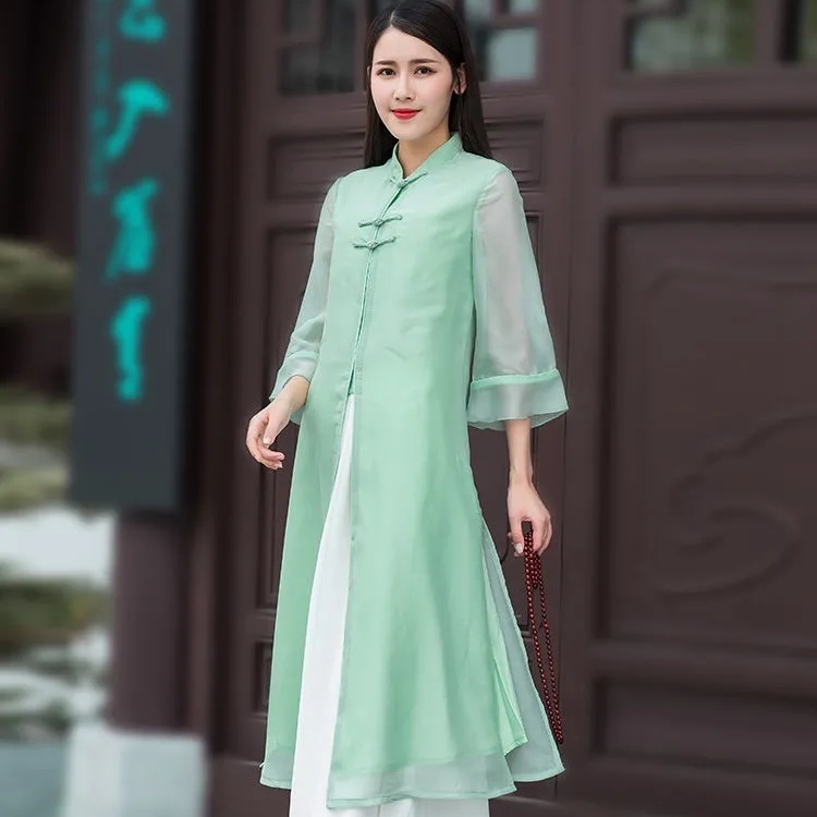 Bộ Đầm Sườn Xám Cách Tân / Áo Liền Quần Ống Rộng Thời Trang Xuân Thu Phong Cách Mới Cho Nữ IN8E