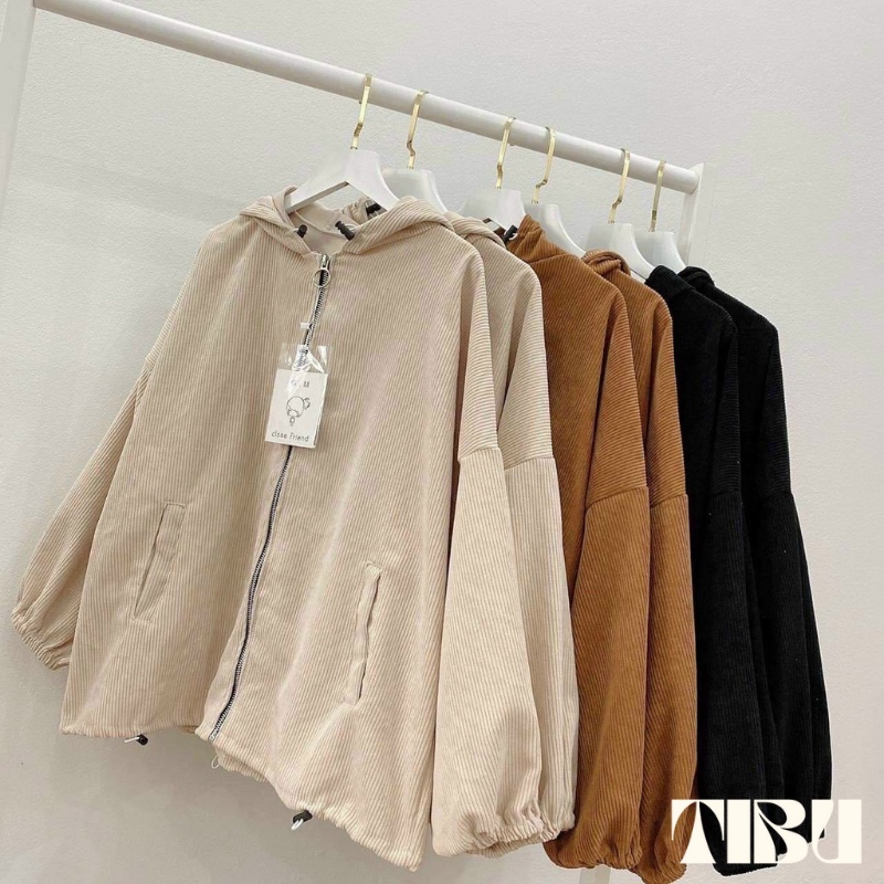 Áo khoác nhung form rộng nữ nam Unisex Tibu, Áo Khoác Nhung Gân Tăm Trơn Tay Bồng Form Rộng Oversize
