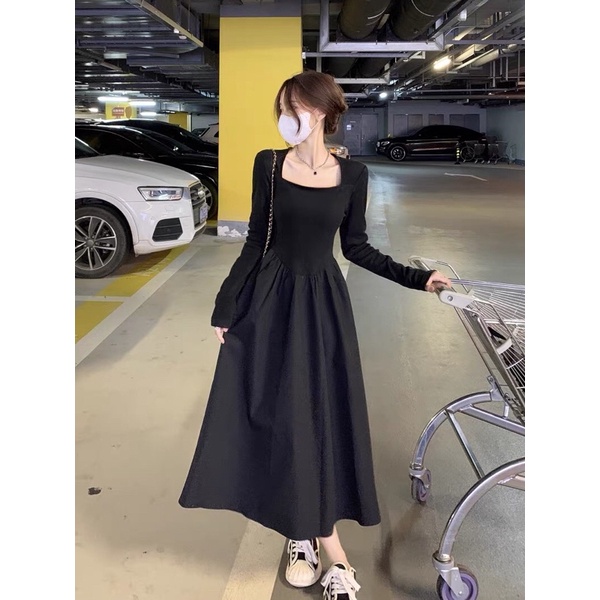 Đầm Dài Tay Cổ Vuông Thiết Kế Chiết Eo Nữ Tính