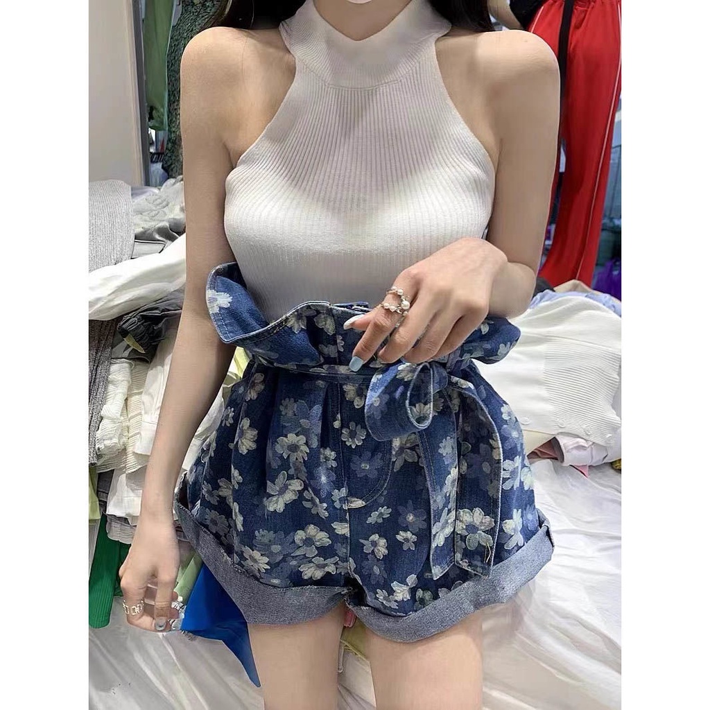 Quần short lưng cao ống rộng họa tiết hoa thanh lịch dễ thương cho nữ