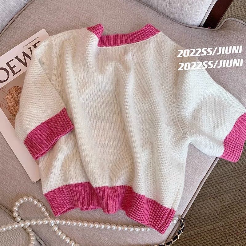 Áo thun Pure Cube dệt kim tay ngắn họa tiết hoạt hình màu sắc tương phản phong cách Nhật Bản thời trang cho nữ